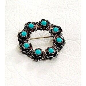 Vintage Early  Taxco Mexico Sterling Petit Point Turquoise Floral Circle Brooch